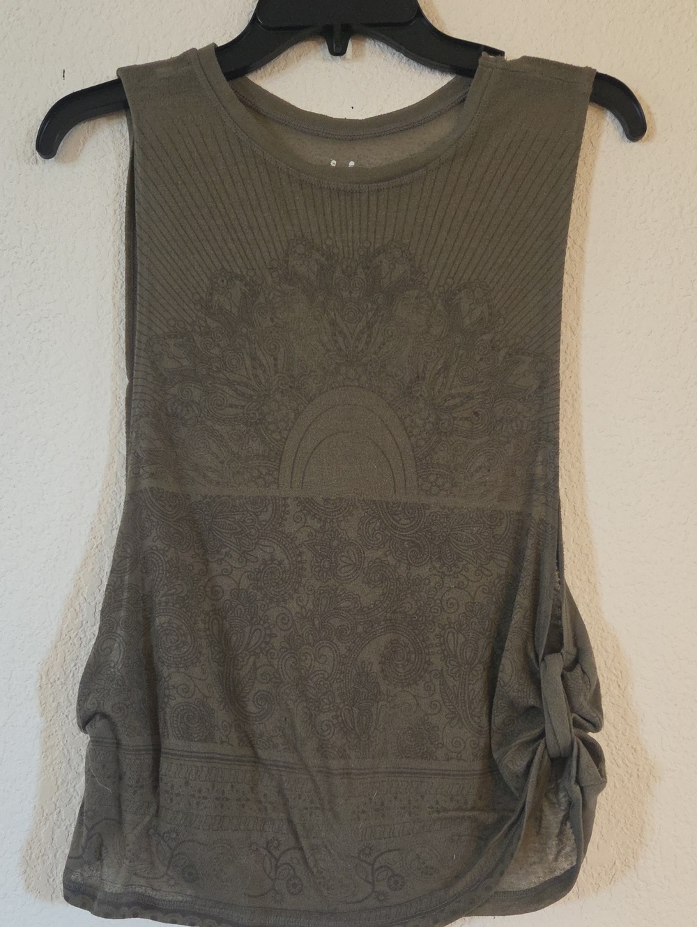 tokyo Darling Olive Green Tank with Side Knot and Subtle Medallion Print